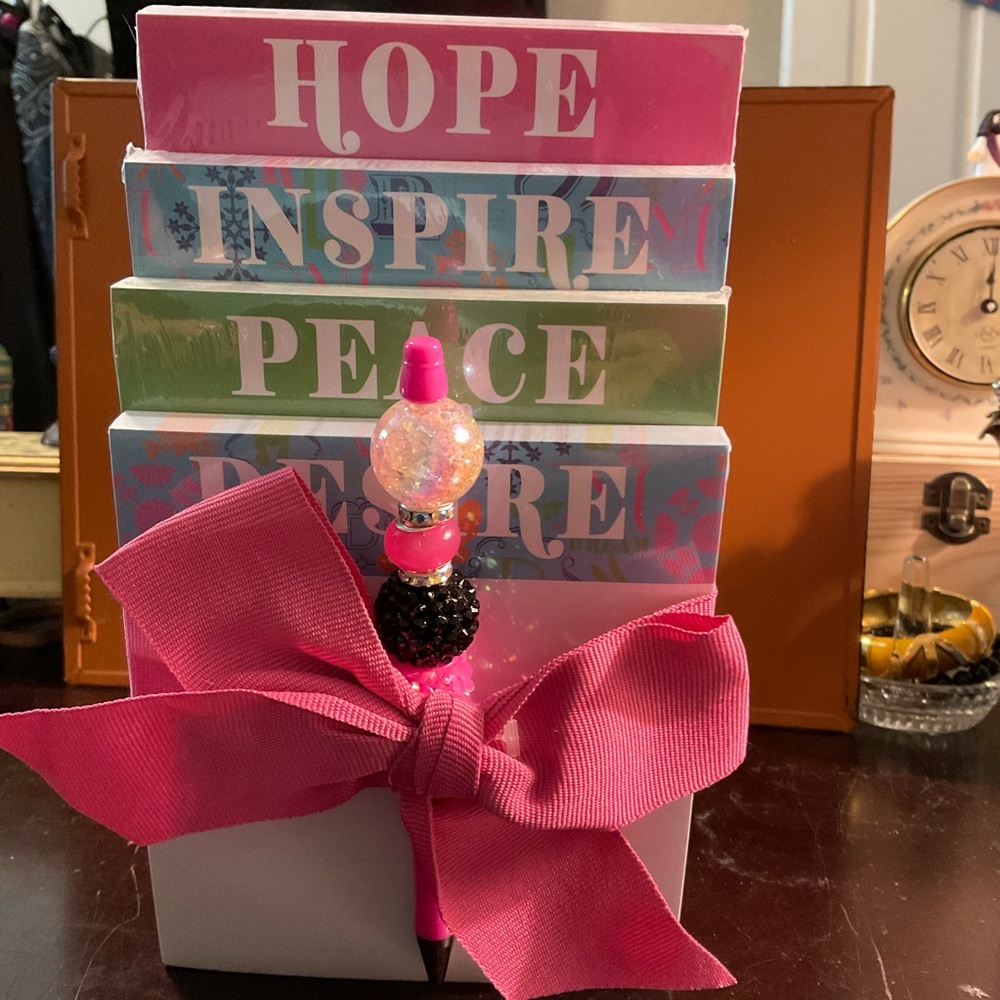 Pink & Green Inspirational Notepad Set With Handmade Pen. Pads are 5”-8” high